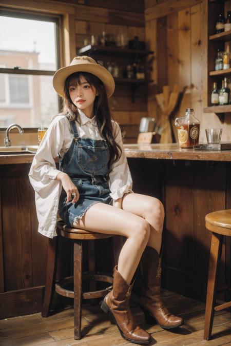 05894-3493060360-,1girl, cowgirl outfit, sitting, on counter, bar, wooden wall, cowboy boots,, masterpiece, best quality, highly detailed, ,drunk.png